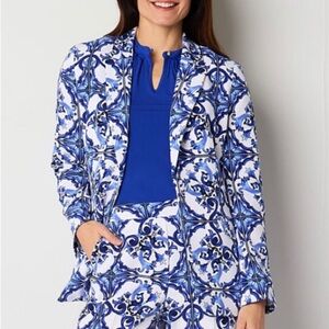 Liz Claiborne Womens Classic Fit Blazer Blue & White Ornate Pattern MEDIUM